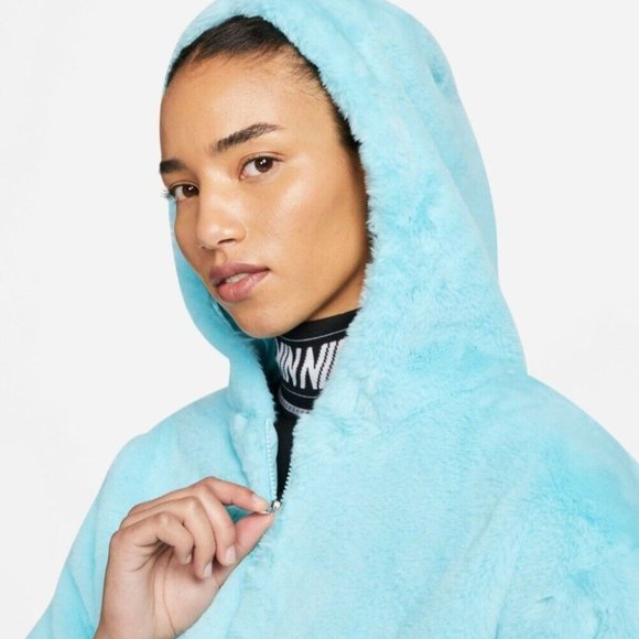 Nike Sportswear Womens Big Swoosh Essentials Faux Fur Jacket Blue